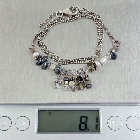 Vintage Sterling Silver 925 Pearl Quartz Hematite Crystal Necklace 16.5" - Picture 5 of 5